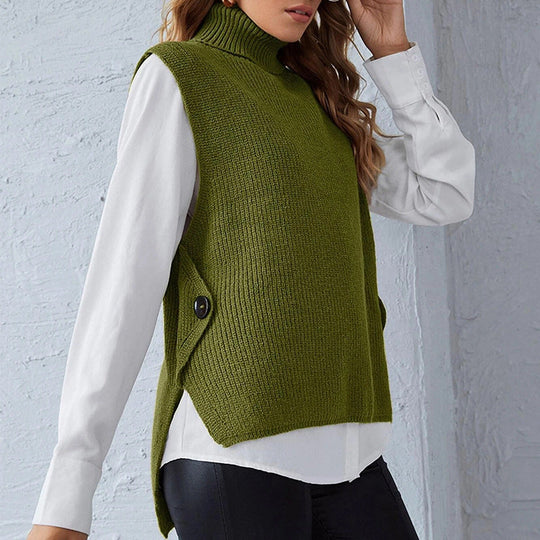 Damen ärmellose Strickjacke mit hohem Kragen und Knopfdetails