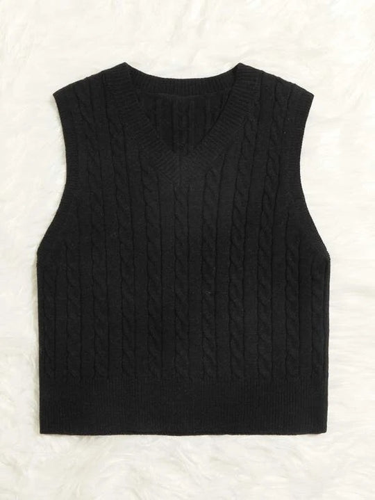 Damen Gestrickte ärmellose Zopfmuster-Pulloverweste mit V-Ausschnitt Shop Nory