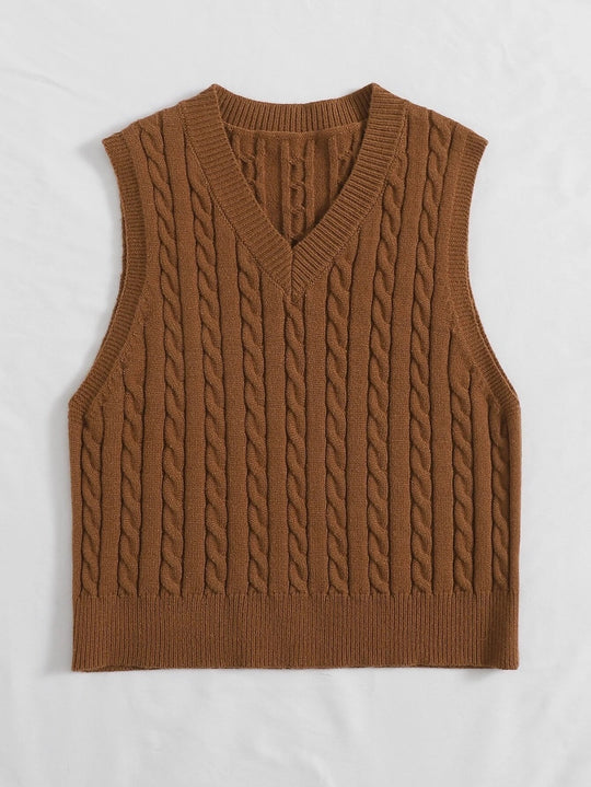 Damen Gestrickte ärmellose Zopfmuster-Pulloverweste mit V-Ausschnitt Shop Nory