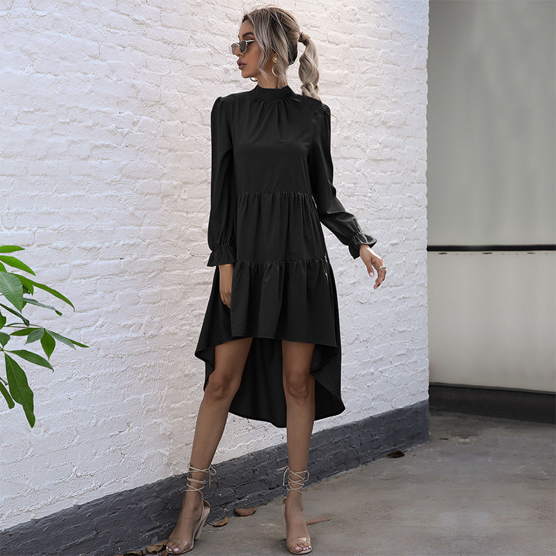 Damen Asymmetrisches Stufen-Midikleid mit Stehkragen, langen Ärmeln und Volant-Saum Shop Nory