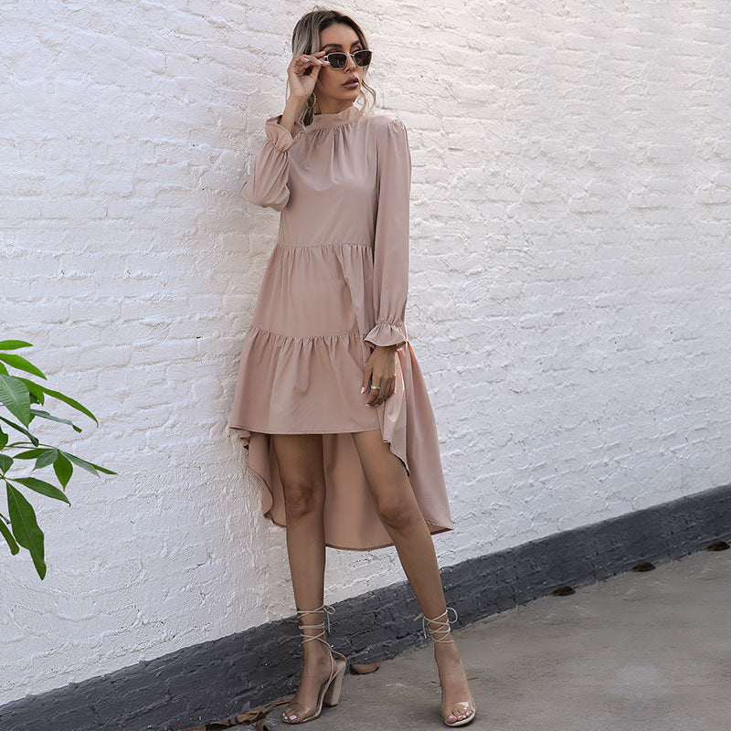 Damen Asymmetrisches Stufen-Midikleid mit Stehkragen, langen Ärmeln und Volant-Saum Shop Nory