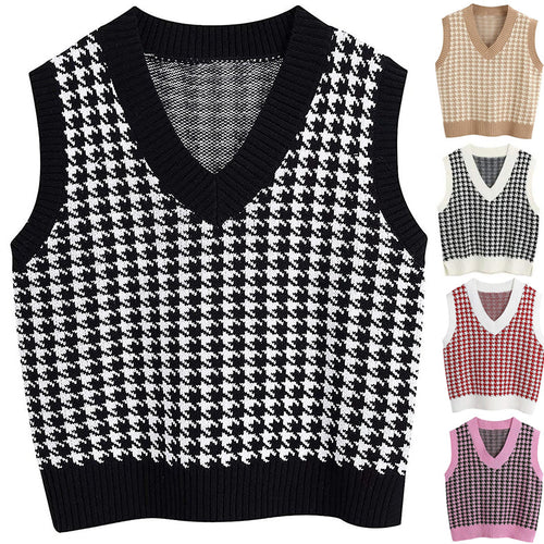 Damen Strickweste mit Hahnentritt-Muster, V-Ausschnitt und geripptem Saum Shop Nory
