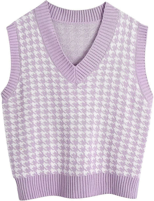 Damen Strickweste mit Hahnentritt-Muster, V-Ausschnitt und geripptem Saum Shop Nory