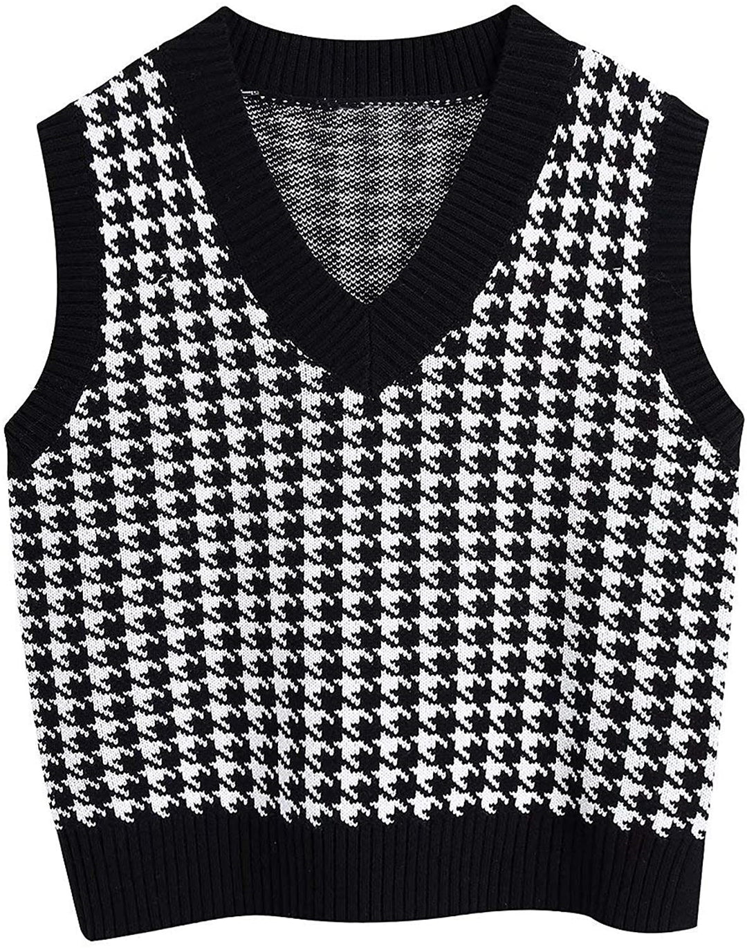 Damen Strickweste mit Hahnentritt-Muster, V-Ausschnitt und geripptem Saum Shop Nory