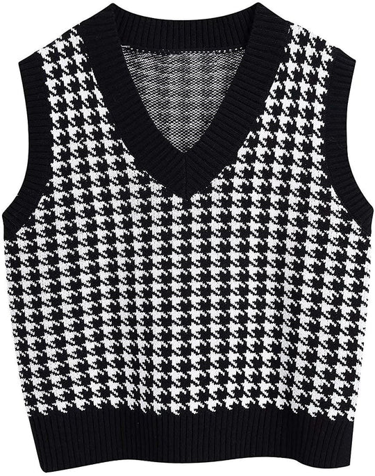 Damen Strickweste mit Hahnentritt-Muster, V-Ausschnitt und geripptem Saum Shop Nory