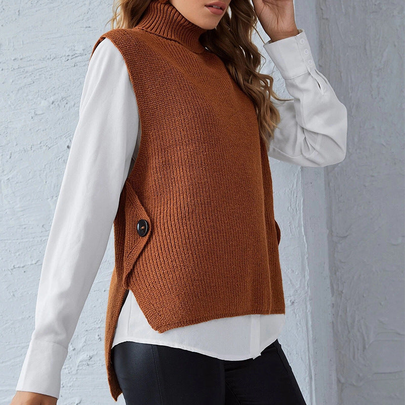 Damen ärmellose Strickjacke mit hohem Kragen und Knopfdetails