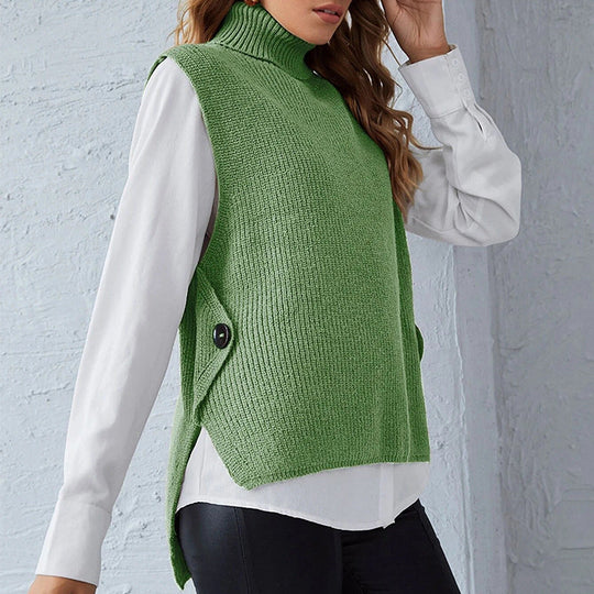 Damen ärmellose Strickjacke mit hohem Kragen und Knopfdetails
