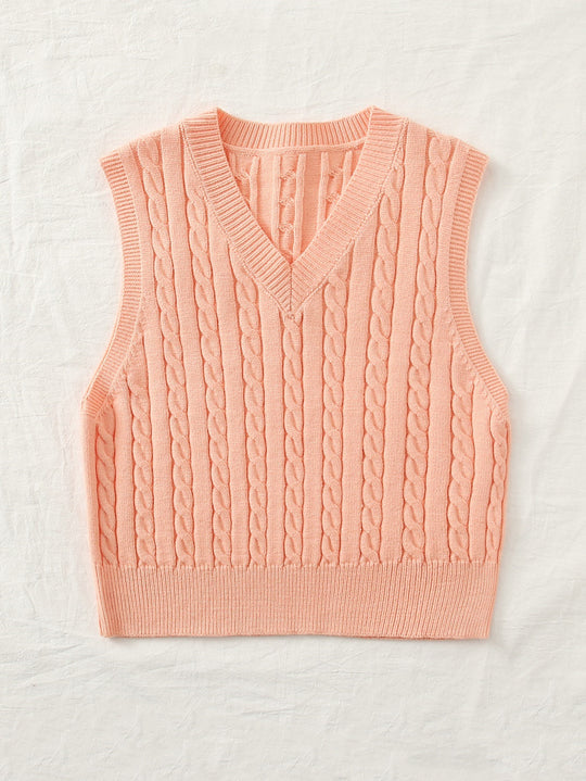 Damen Gestrickte ärmellose Zopfmuster-Pulloverweste mit V-Ausschnitt Shop Nory
