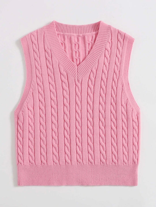 Damen Gestrickte ärmellose Zopfmuster-Pulloverweste mit V-Ausschnitt Shop Nory