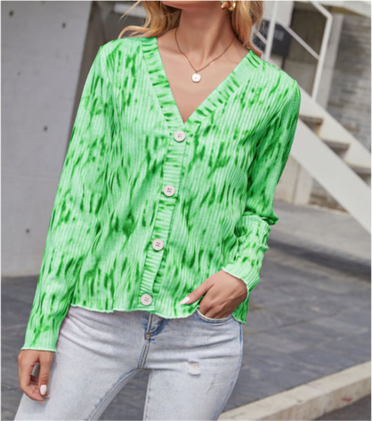 Damen Leichter Gerippter V-Neck Cardigan mit Knopfleiste und Batik‑Optik Shop Nory