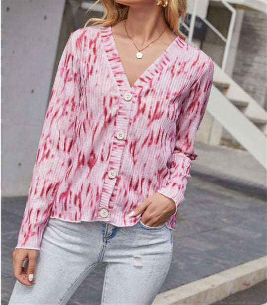 Damen Leichter Gerippter V-Neck Cardigan mit Knopfleiste und Batik‑Optik Shop Nory