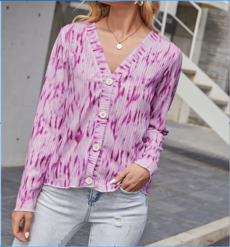 Damen Leichter Gerippter V-Neck Cardigan mit Knopfleiste und Batik‑Optik Shop Nory