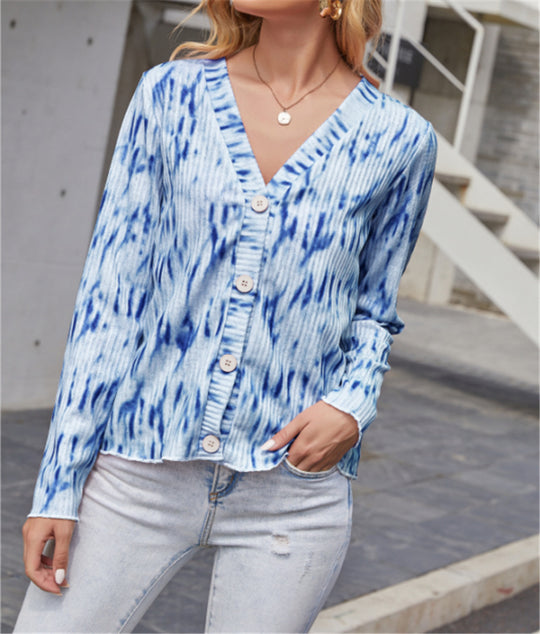 Damen Leichter Gerippter V-Neck Cardigan mit Knopfleiste und Batik‑Optik Shop Nory
