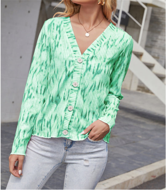 Damen Leichter Gerippter V-Neck Cardigan mit Knopfleiste und Batik‑Optik Shop Nory