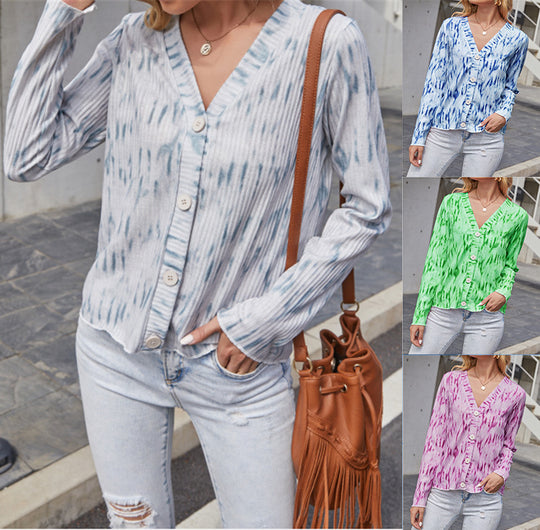 Damen Leichter Gerippter V-Neck Cardigan mit Knopfleiste und Batik‑Optik Shop Nory