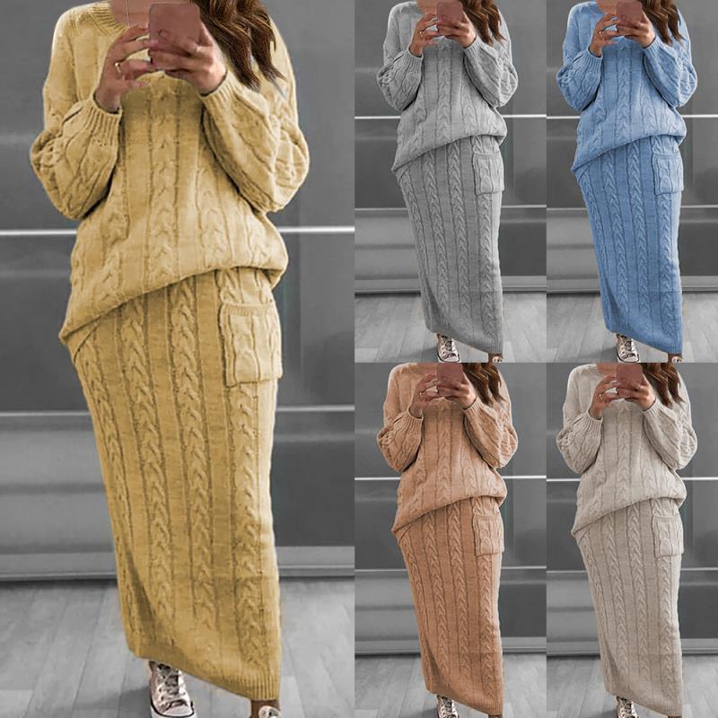 Damen nan Strickset Oversized Zopfmuster-Pullover und Maxi-Bleistiftrock mit aufgesetzter Tasche Shop Nory