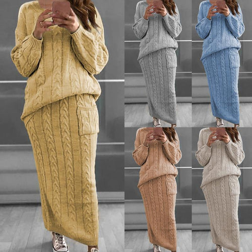 Damen nan Strickset Oversized Zopfmuster-Pullover und Maxi-Bleistiftrock mit aufgesetzter Tasche Shop Nory