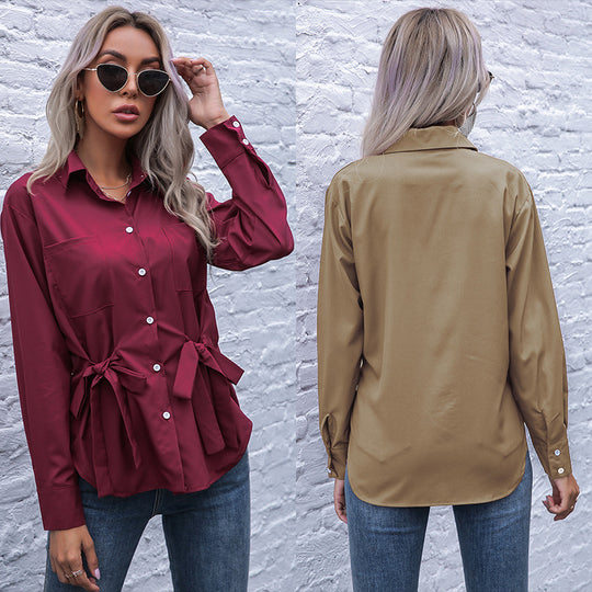 Damen Taillierte Hemdbluse mit doppelter Schleifen-Taille und Brusttaschen Shop Nory