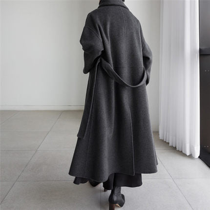 Damen Langer Wollmantel mit integriertem Schal, Bindegürtel und ausgestelltem Rockteil Shop Nory
