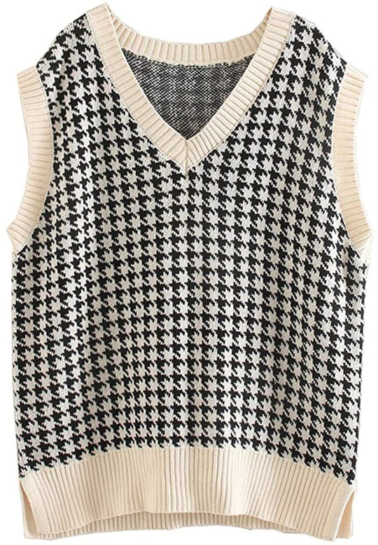 Damen Strickweste mit Hahnentritt-Muster, V-Ausschnitt und geripptem Saum Shop Nory