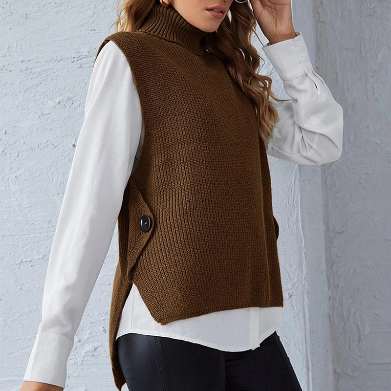 Damen ärmellose Strickjacke mit hohem Kragen und Knopfdetails