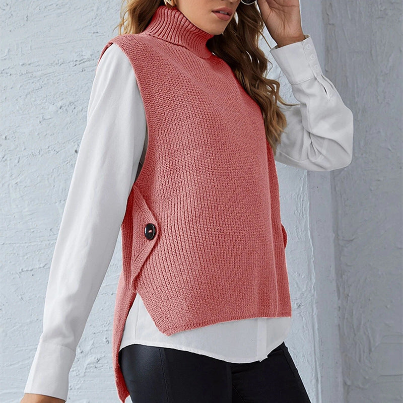 Damen ärmellose Strickjacke mit hohem Kragen und Knopfdetails