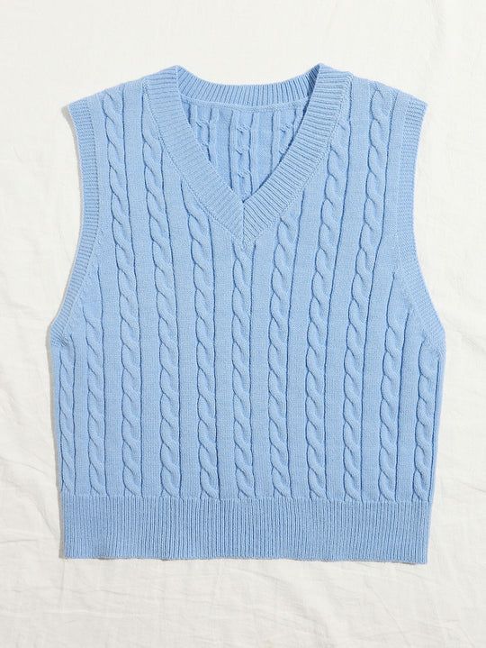 Damen Gestrickte ärmellose Zopfmuster-Pulloverweste mit V-Ausschnitt Shop Nory