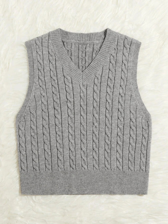 Damen Gestrickte ärmellose Zopfmuster-Pulloverweste mit V-Ausschnitt Shop Nory