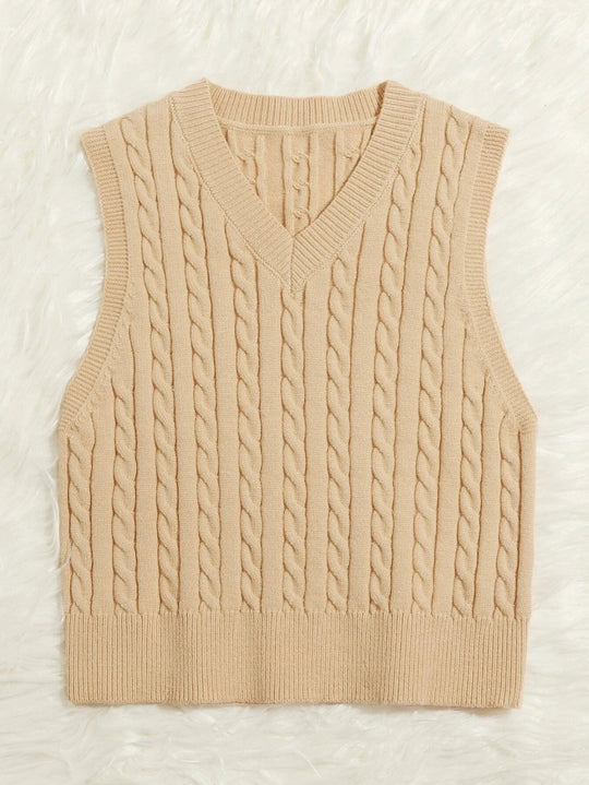 Damen Gestrickte ärmellose Zopfmuster-Pulloverweste mit V-Ausschnitt Shop Nory
