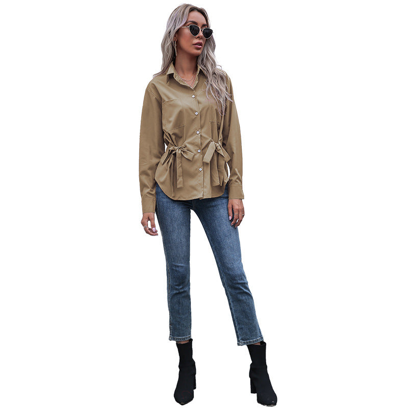 Damen Taillierte Hemdbluse mit doppelter Schleifen-Taille und Brusttaschen Shop Nory