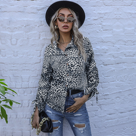 Damen Viskose-Hemdbluse mit Leoprint, Knotenärmeln und lockerer Silhouette Shop Nory