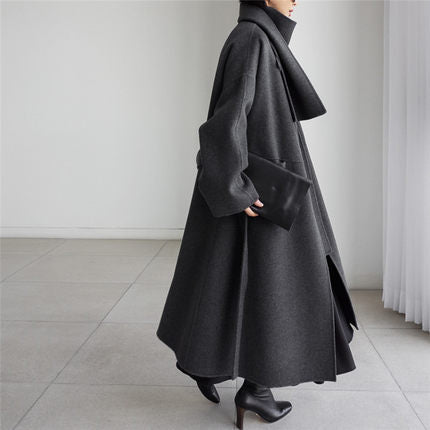 Damen Langer Wollmantel mit integriertem Schal, Bindegürtel und ausgestelltem Rockteil Shop Nory