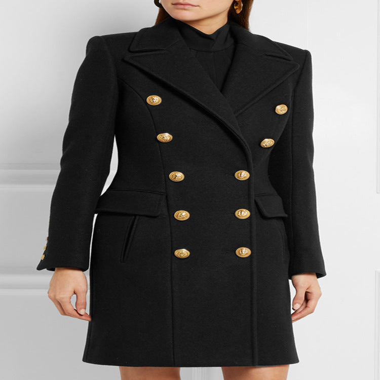 Damen Wollmix‑Longcoat im Marine‑Tailoring mit konturierter Taillierung und goldenen Zierrundknöpfen Shop Nory
