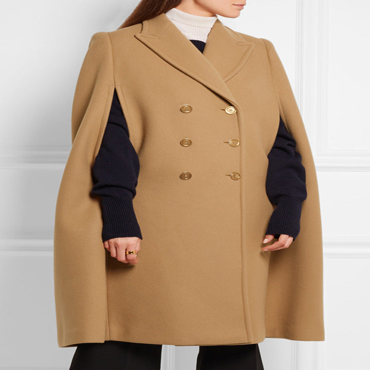 Damen taillierter Wollmix-Cape-Mantel mit verdeckten Armöffnungen und Zweireiher-Tailoring Shop Nory