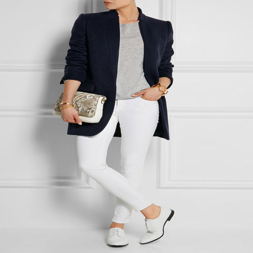 Damen Midilanger strukturiertes Longblazer‑Mantel mit schmalem Stehkragen und Pattentaschen Shop Nory