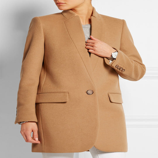 Damen Midilanger strukturiertes Longblazer‑Mantel mit schmalem Stehkragen und Pattentaschen Shop Nory