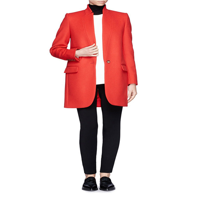 Damen Midilanger strukturiertes Longblazer‑Mantel mit schmalem Stehkragen und Pattentaschen Shop Nory