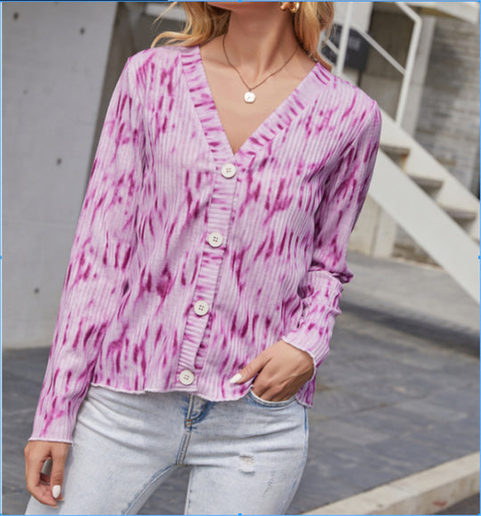 Damen Leichter Gerippter V-Neck Cardigan mit Knopfleiste und Batik‑Optik Shop Nory