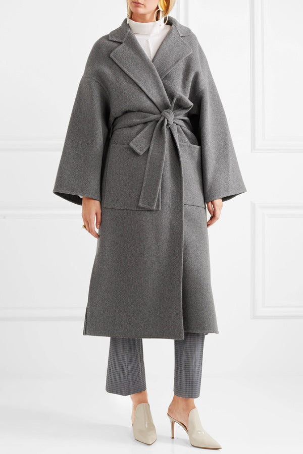Damen Taillierter Wollmix‑Wickelmantel mit kimonoartigen Ärmeln und Bindegürtel Shop Nory