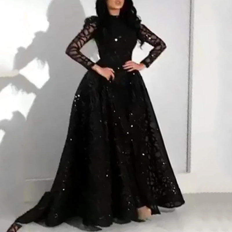 Damen Elegantes Abendkleid mit transparenten Ärmeln und glitzerndem Oberteil