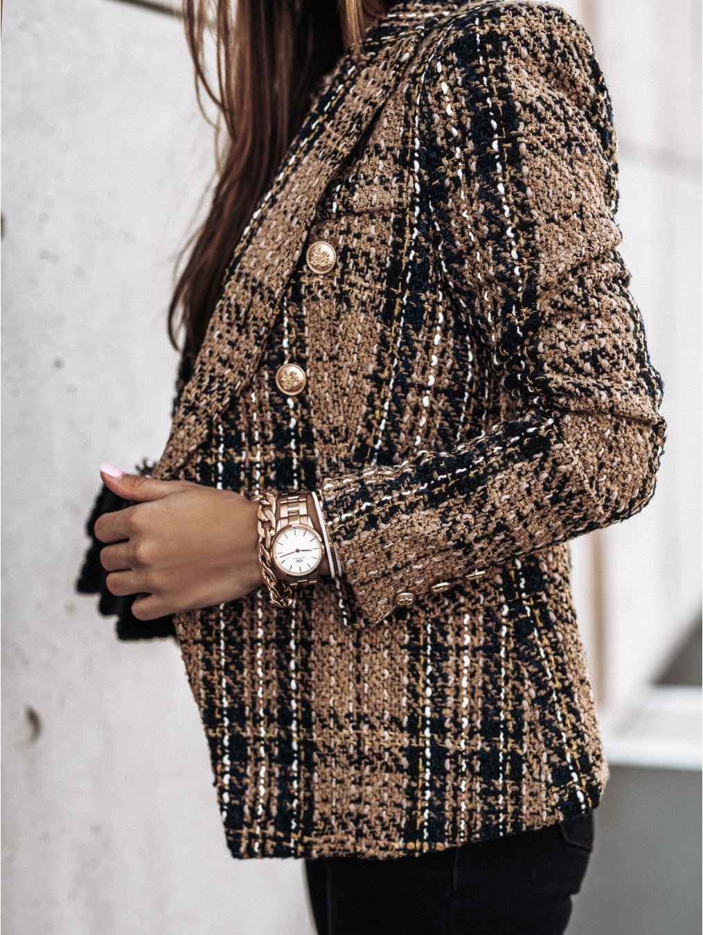Blazer Taillierte Passform Tweed Doppelreiher Kariertes Muster