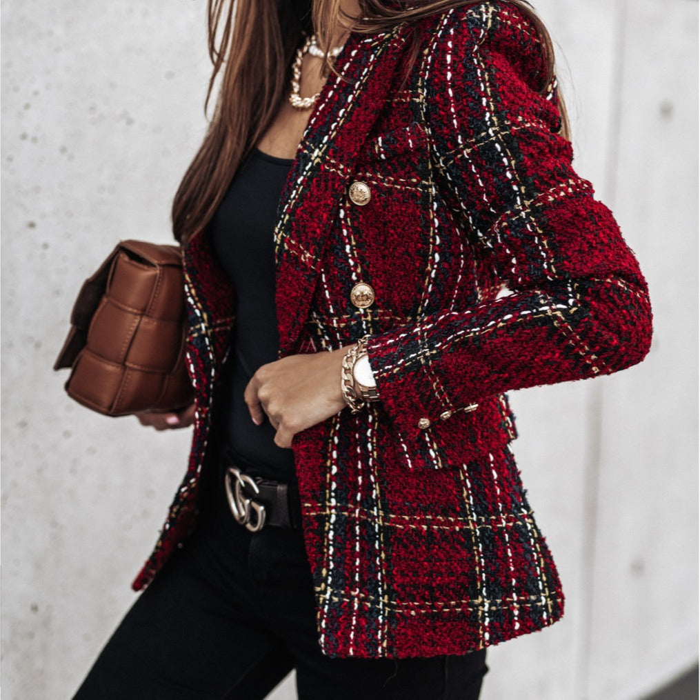 Blazer Taillierte Passform Tweed Doppelreiher Kariertes Muster