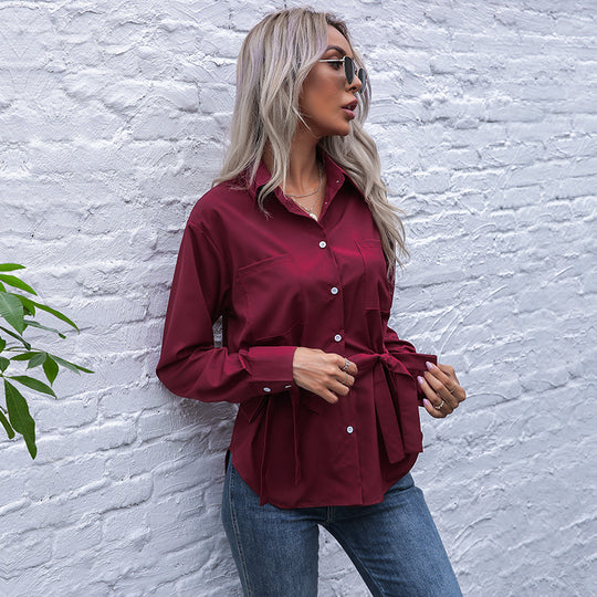 Damen Taillierte Hemdbluse mit doppelter Schleifen-Taille und Brusttaschen Shop Nory