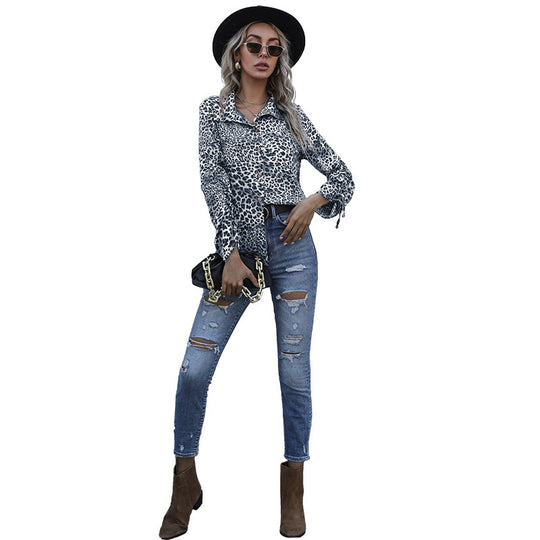 Damen Viskose-Hemdbluse mit Leoprint, Knotenärmeln und lockerer Silhouette Shop Nory