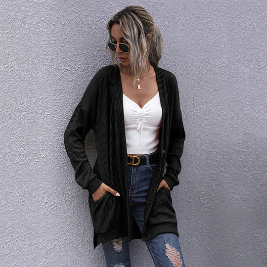 Damen Langer Oversize Strickcardigan mit Strukturstrick, offenen Taschen und lässigem Schnitt Shop Nory