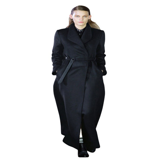 Damen Maxilanger taillierter Wickel-Longcoat mit Schalkragen und feinem Bindegürtel Shop Nory