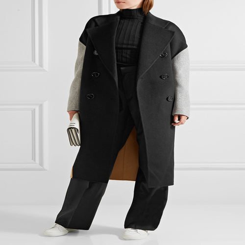 Damen Oversize Zweireihiger Farbblock-Wollmixmantel mit kontrastierenden Ärmeln Shop Nory
