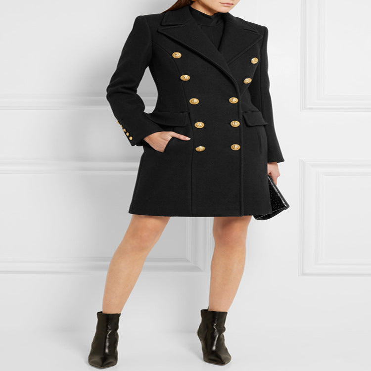 Damen Wollmix‑Longcoat im Marine‑Tailoring mit konturierter Taillierung und goldenen Zierrundknöpfen Shop Nory