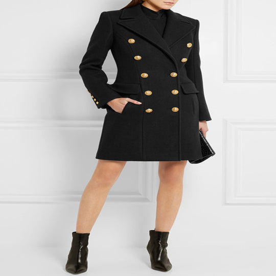 Damen Wollmix‑Longcoat im Marine‑Tailoring mit konturierter Taillierung und goldenen Zierrundknöpfen Shop Nory