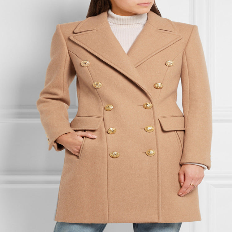 Damen Wollmix‑Longcoat im Marine‑Tailoring mit konturierter Taillierung und goldenen Zierrundknöpfen Shop Nory